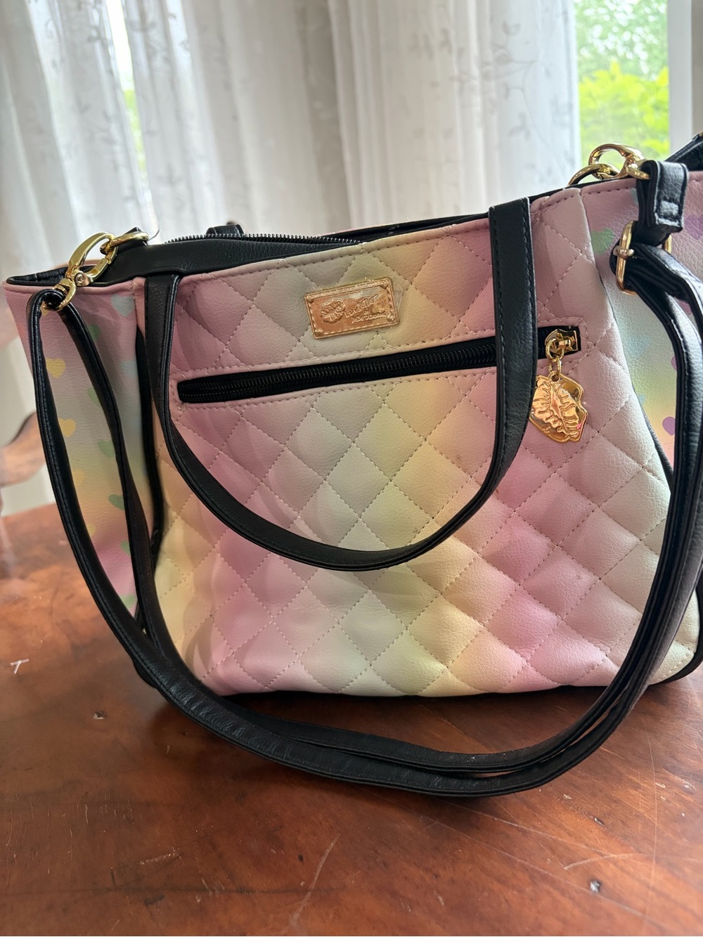 Betsey Johnson Quilted Pastel Gradient Shoulder Bag with Black Trim